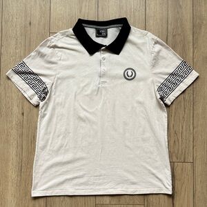 Level Ten Polo Shirt Mens XL Cream Black Greek Key Laurel Crest Short Sleeve